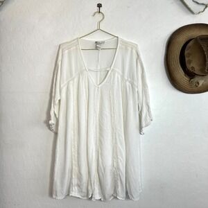 Cute Options White Crochet Lace Boho Tunic Dress Rayon V-Neck Women's Size Large